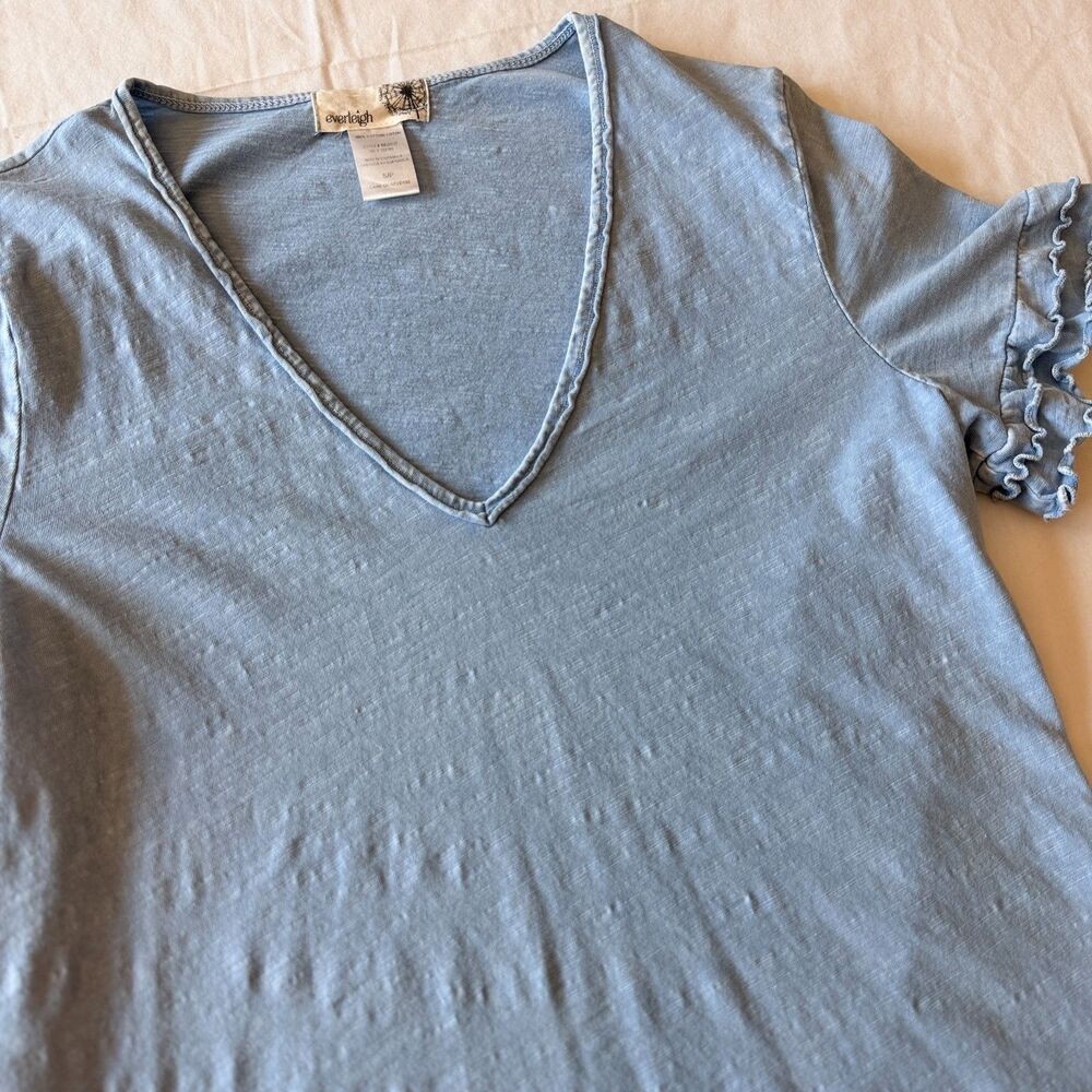 Everleigh Light Blue Ruffle/Lettuce Sleeve V-Neck Top